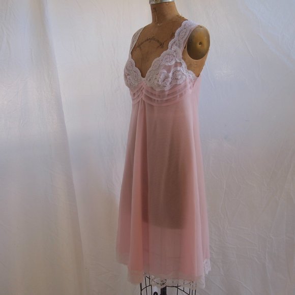 vtg 60s KOMA Pink Nylon Chiffon Babydoll Short Empire Chemise Nightgown Lace M - Picture 3 of 11